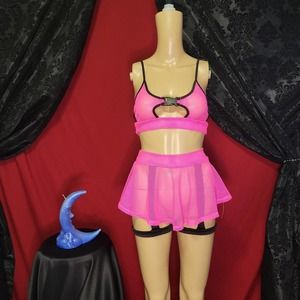 Iheartraves Neon Pink and Black Fishnet Rave 2 Piece Set